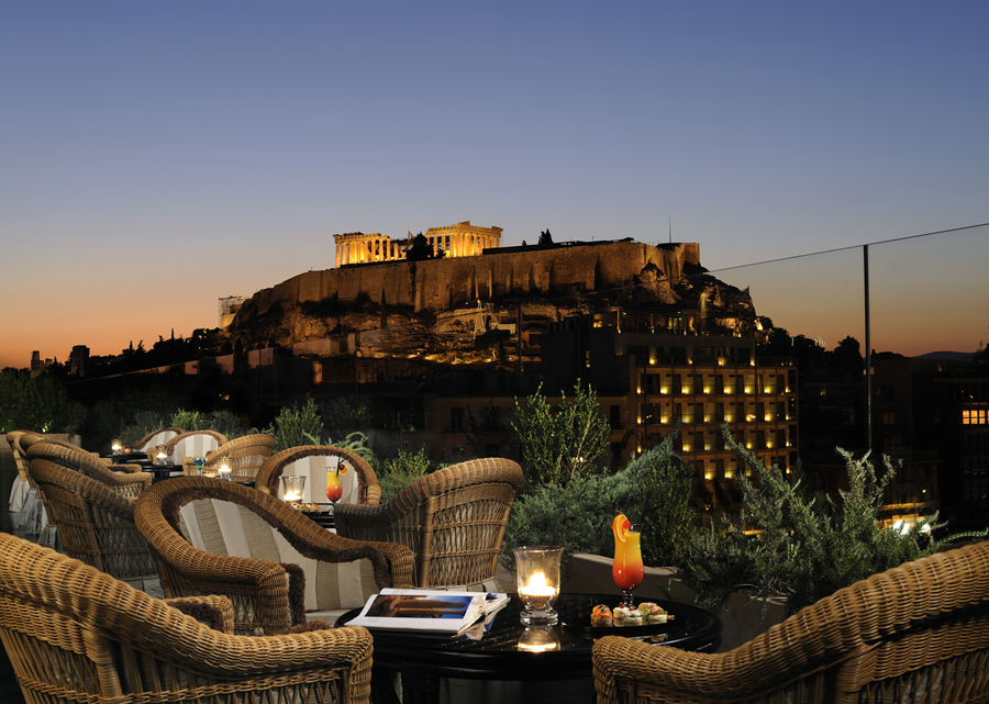 View of the illuminated Acropolis from the Ioannis Roof Garden Bar